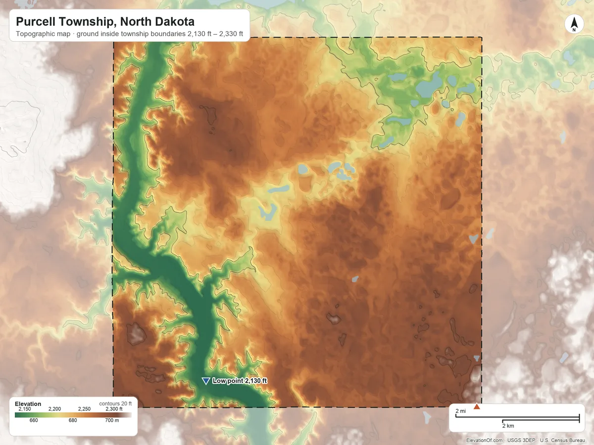 Topographic elevation map of Purcell Township, North Dakota, shaded from 2,130 ft on the southwest side to 2,330 ft on the southeast side