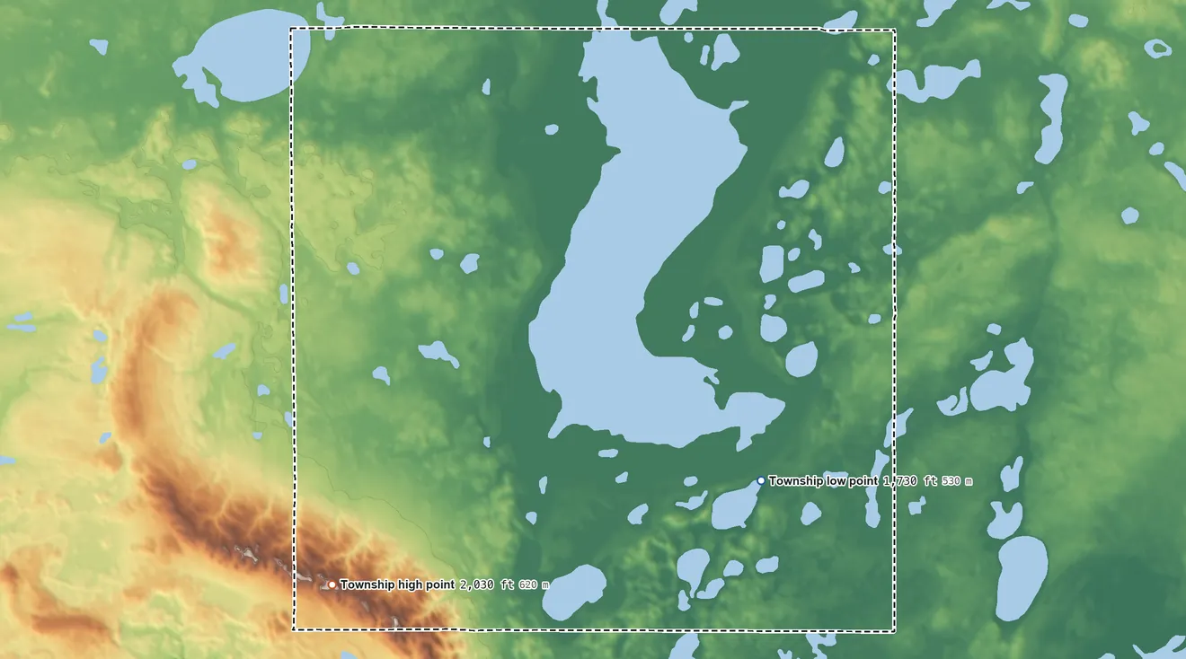 Topographic elevation map of Quinby Township, North Dakota, shaded from 1,730 ft on the southeast side to 2,030 ft on the south side