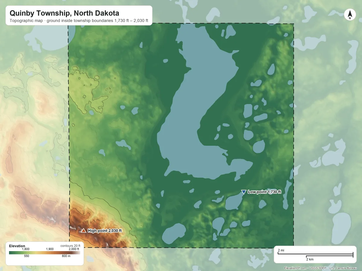 Topographic elevation map of Quinby Township, North Dakota, shaded from 1,730 ft on the southeast side to 2,030 ft on the south side