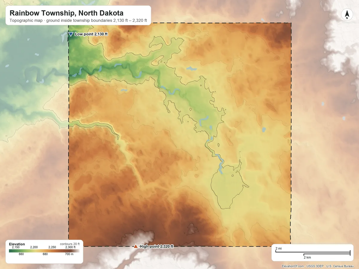 Topographic elevation map of Rainbow Township, North Dakota, shaded from 2,130 ft on the west side to 2,320 ft on the south side