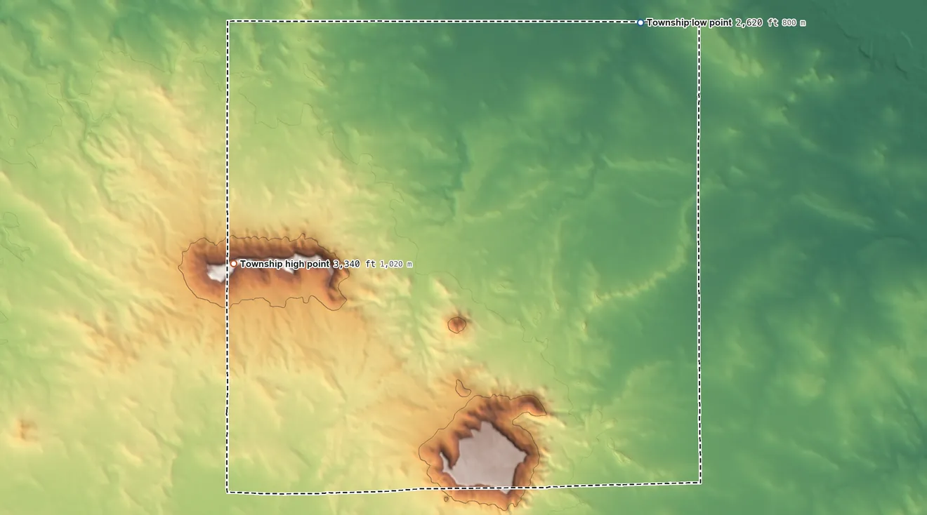 Topographic elevation map of Rainy Butte Township, North Dakota, shaded from 2,620 ft on the northeast side to 3,340 ft on West Rainy Butte