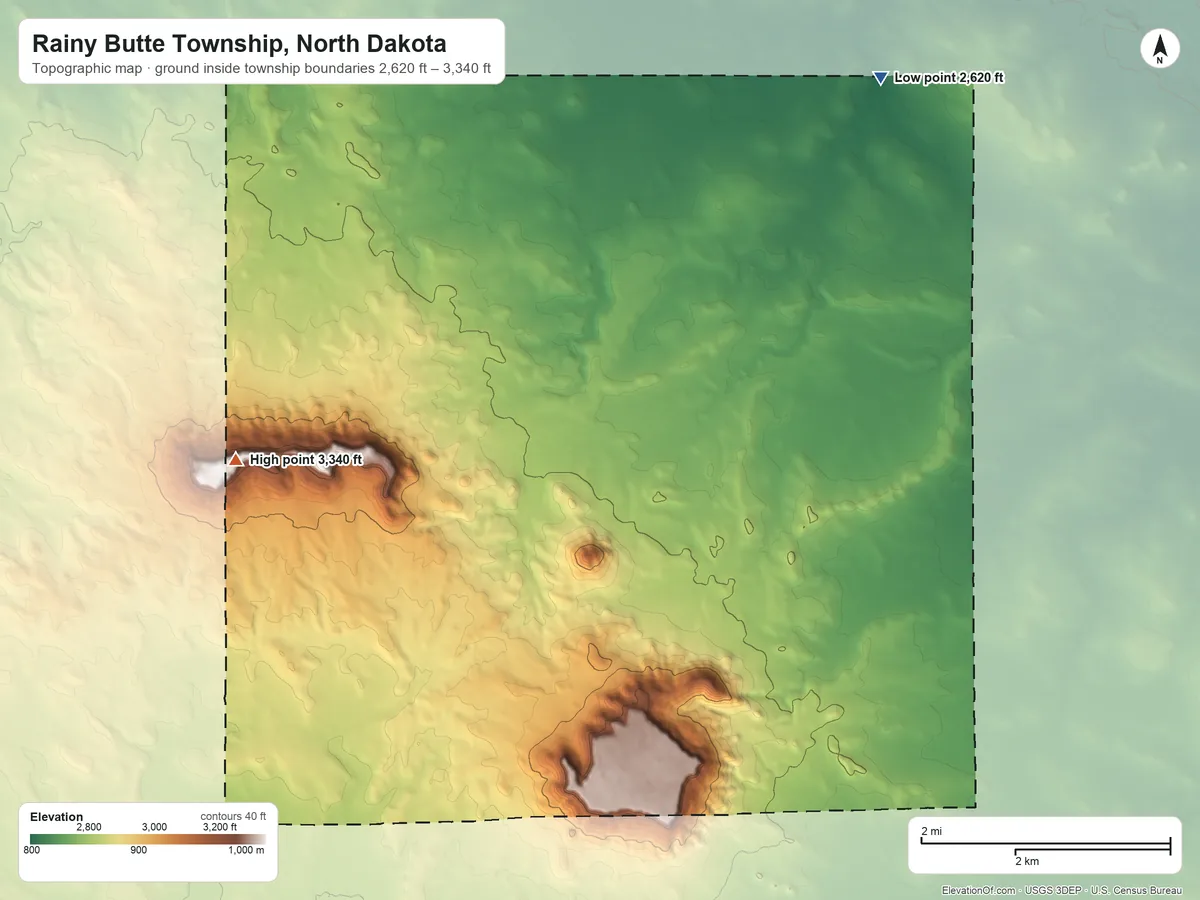 Topographic elevation map of Rainy Butte Township, North Dakota, shaded from 2,620 ft on the northeast side to 3,340 ft on West Rainy Butte