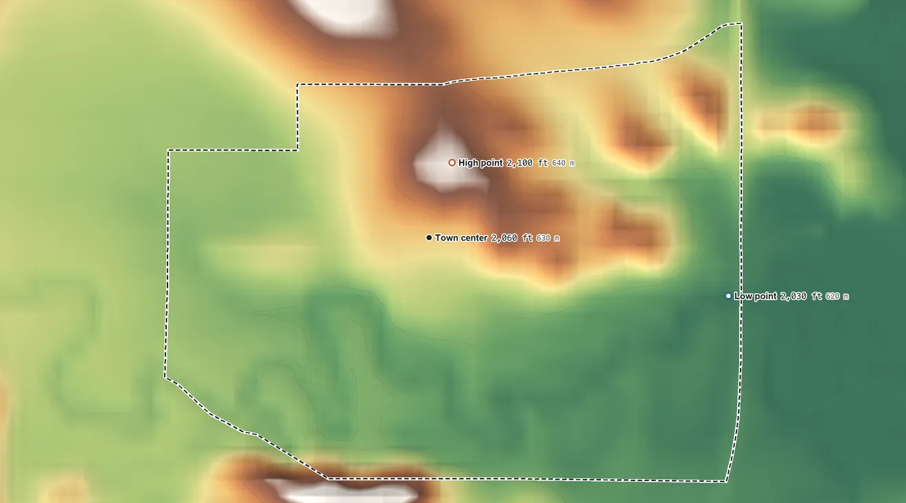 Topographic elevation map of Raleigh, North Dakota, shaded from 2,030 ft on the east side to 2,100 ft on the north side