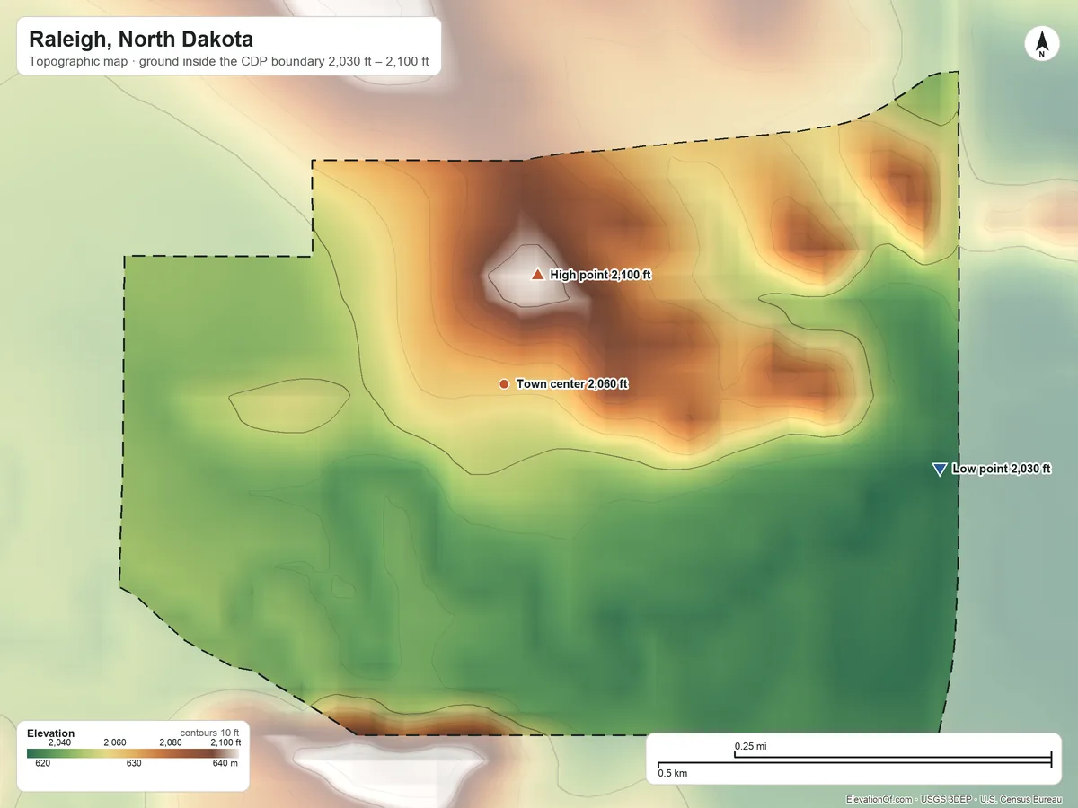 Topographic elevation map of Raleigh, North Dakota, shaded from 2,030 ft on the east side to 2,100 ft on the north side
