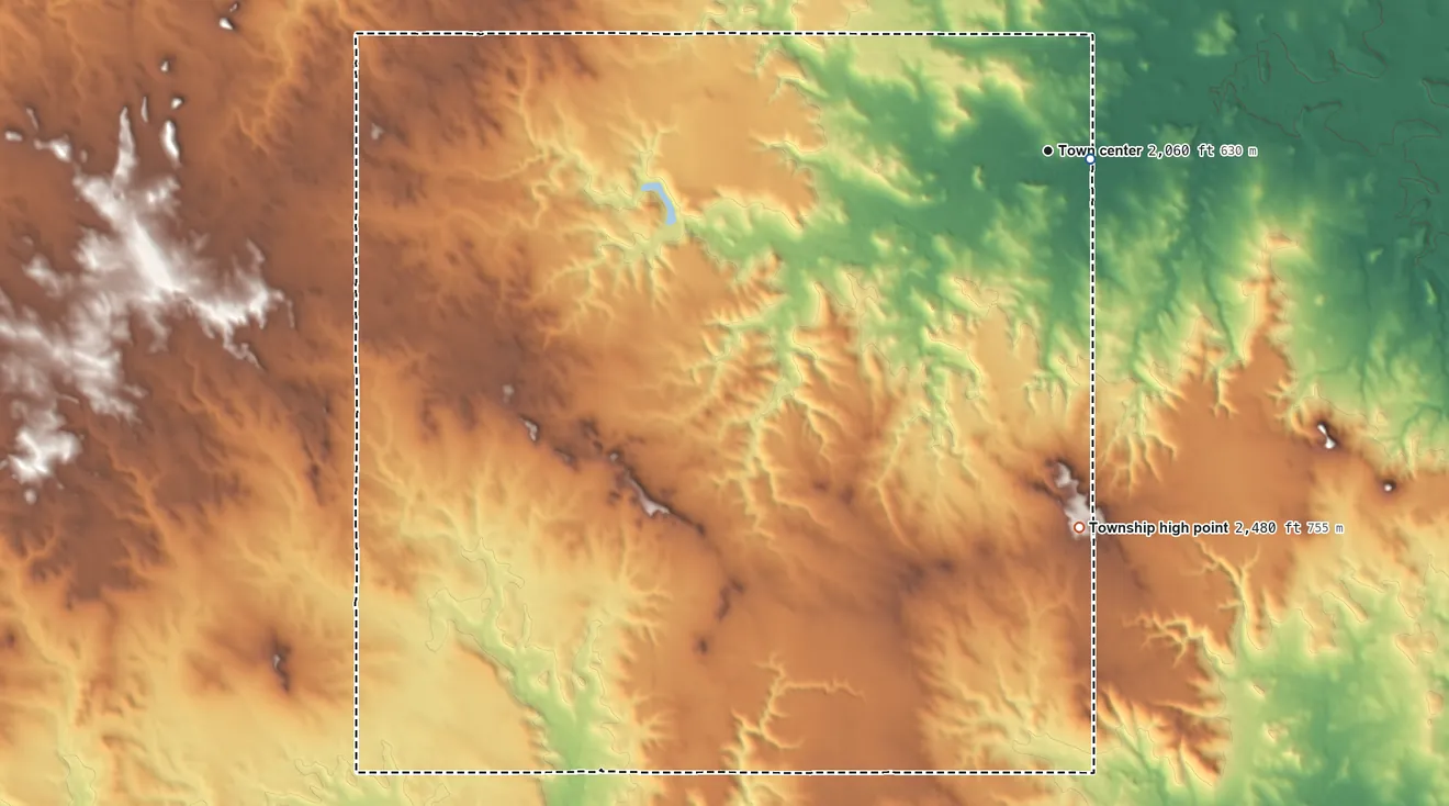 Topographic elevation map of Raleigh Township, North Dakota, shaded from 2,030 ft near the middle to 2,480 ft on the south side