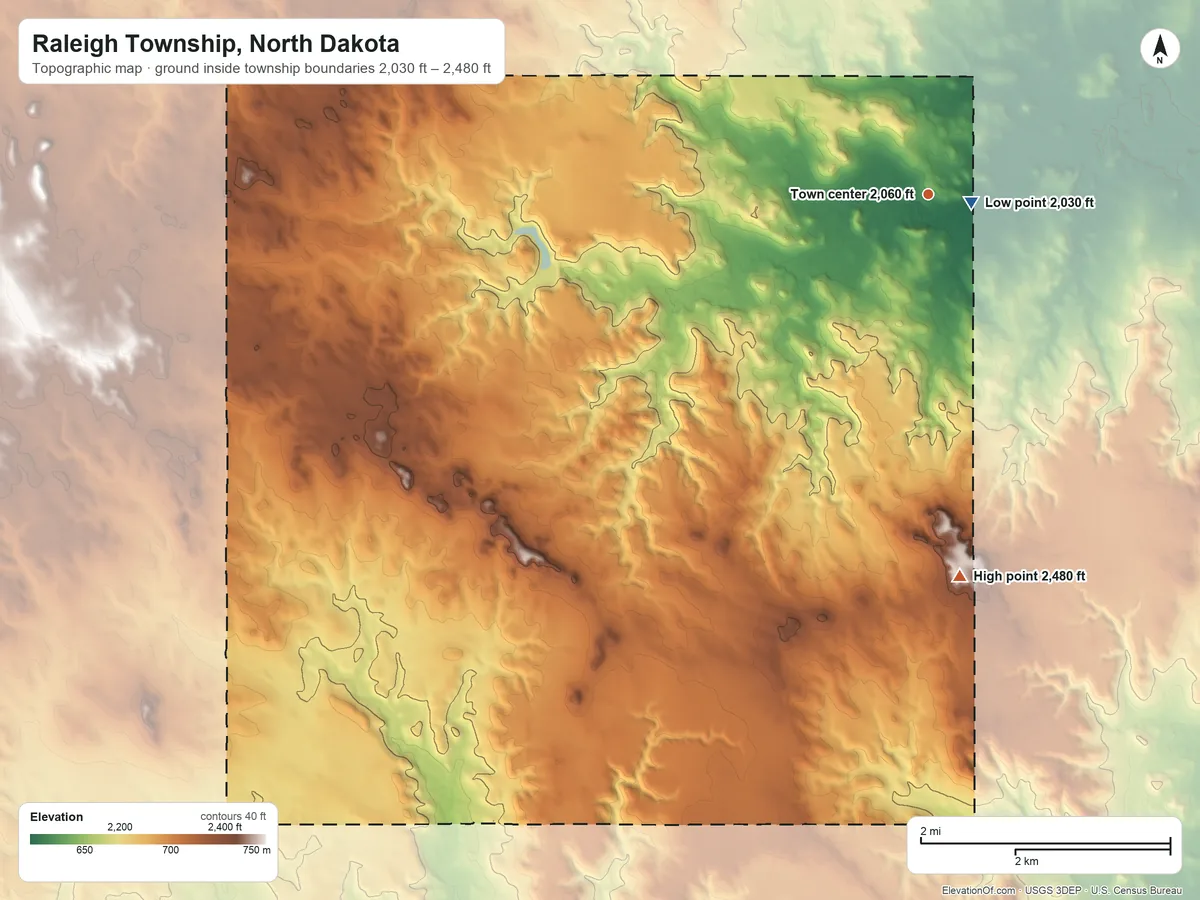 Topographic elevation map of Raleigh Township, North Dakota, shaded from 2,030 ft near the middle to 2,480 ft on the south side