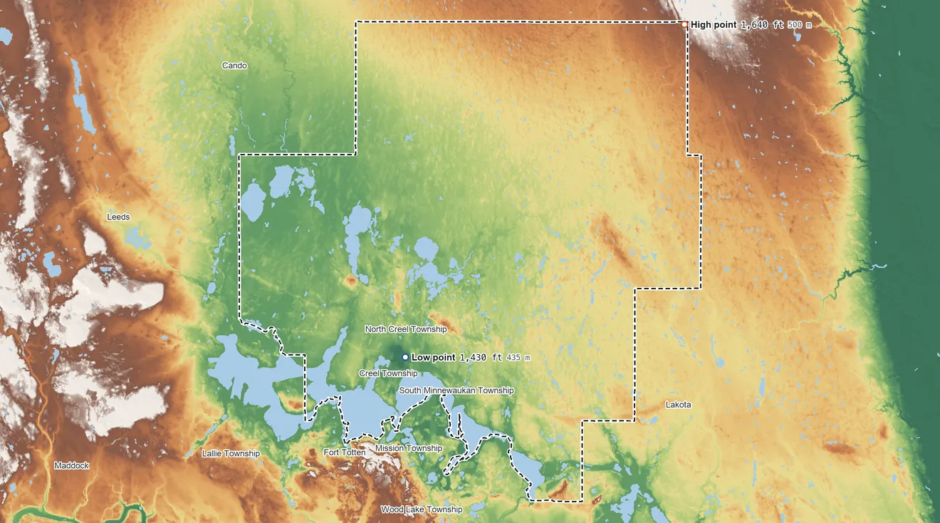 Topographic elevation map of Ramsey County, North Dakota, shaded from 1,430 ft on the southwest side to 1,640 ft on the northeast side
