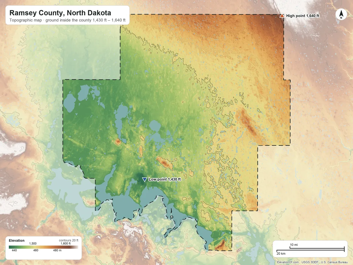 Topographic elevation map of Ramsey County, North Dakota, shaded from 1,430 ft on the southwest side to 1,640 ft on the northeast side