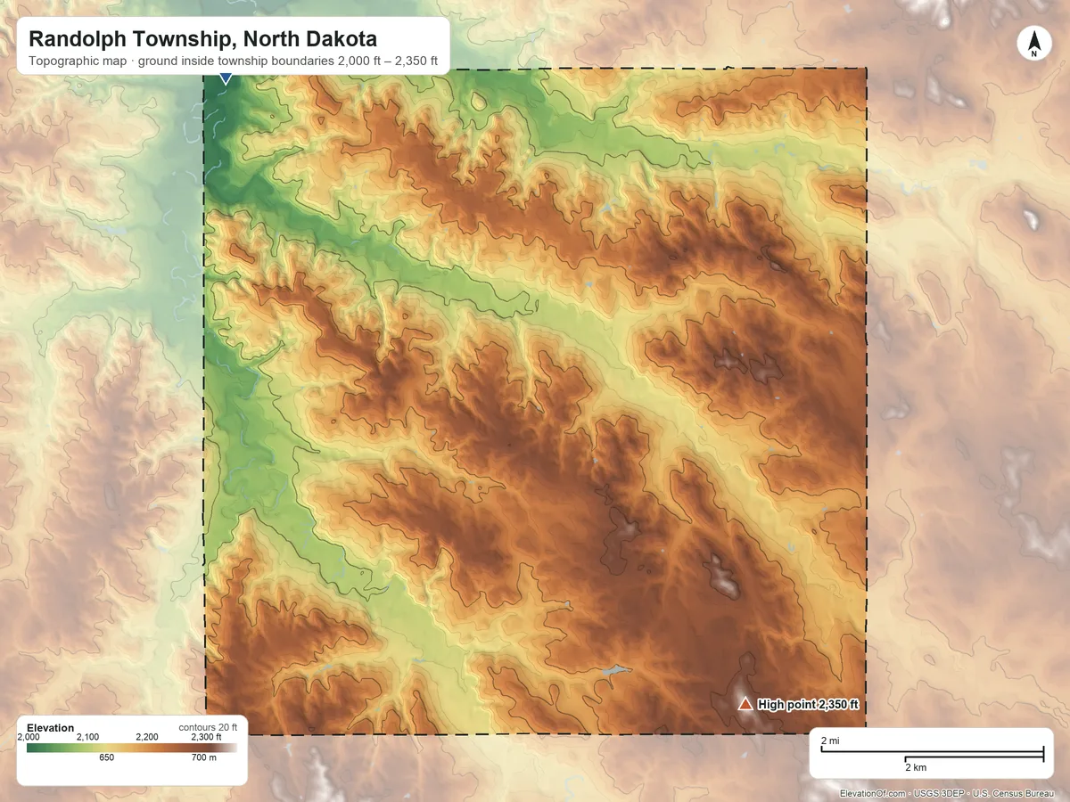 Topographic elevation map of Randolph Township, North Dakota, shaded from 2,000 ft on the northwest side to 2,350 ft on the southeast side