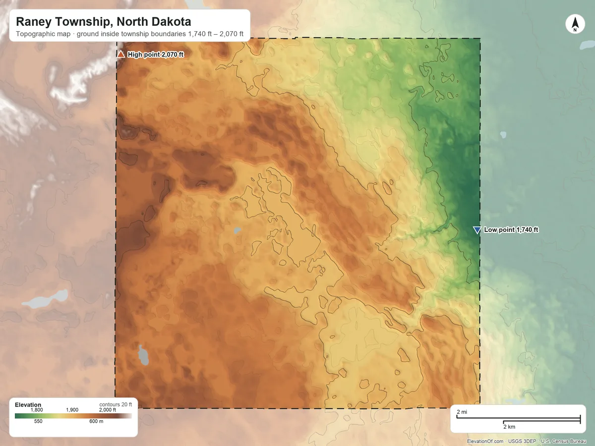 Topographic elevation map of Raney Township, North Dakota, shaded from 1,740 ft on the east side to 2,070 ft on the northwest side