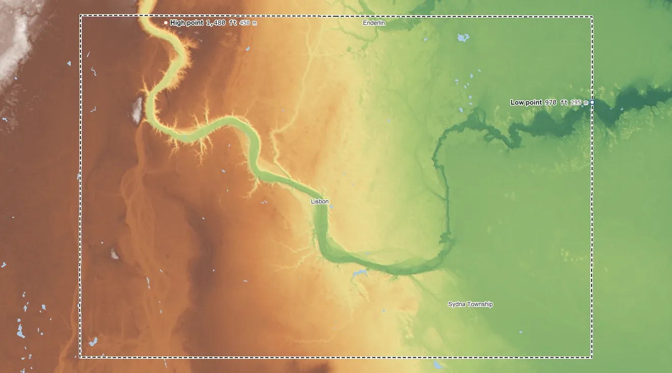 Topographic elevation map of Ransom County, North Dakota, shaded from 970 ft on the east side to 1,480 ft on Standing Rock Hill