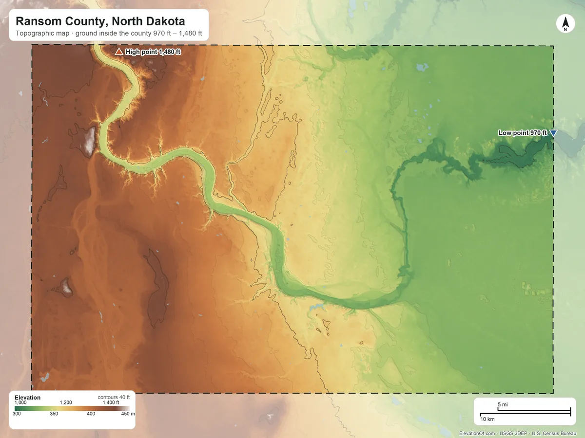 Topographic elevation map of Ransom County, North Dakota, shaded from 970 ft on the east side to 1,480 ft on Standing Rock Hill