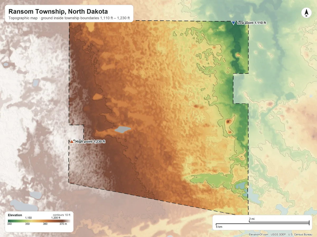 Topographic elevation map of Ransom Township, North Dakota, shaded from 1,110 ft on the northeast side to 1,230 ft on the southwest side
