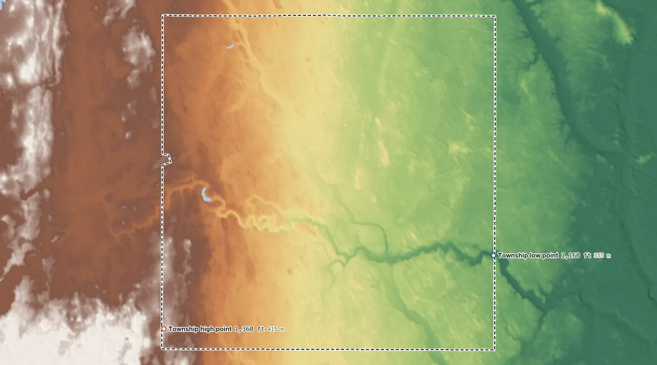 Topographic elevation map of Raritan Township, North Dakota, shaded from 1,160 ft on the southeast side to 1,360 ft on the southwest side