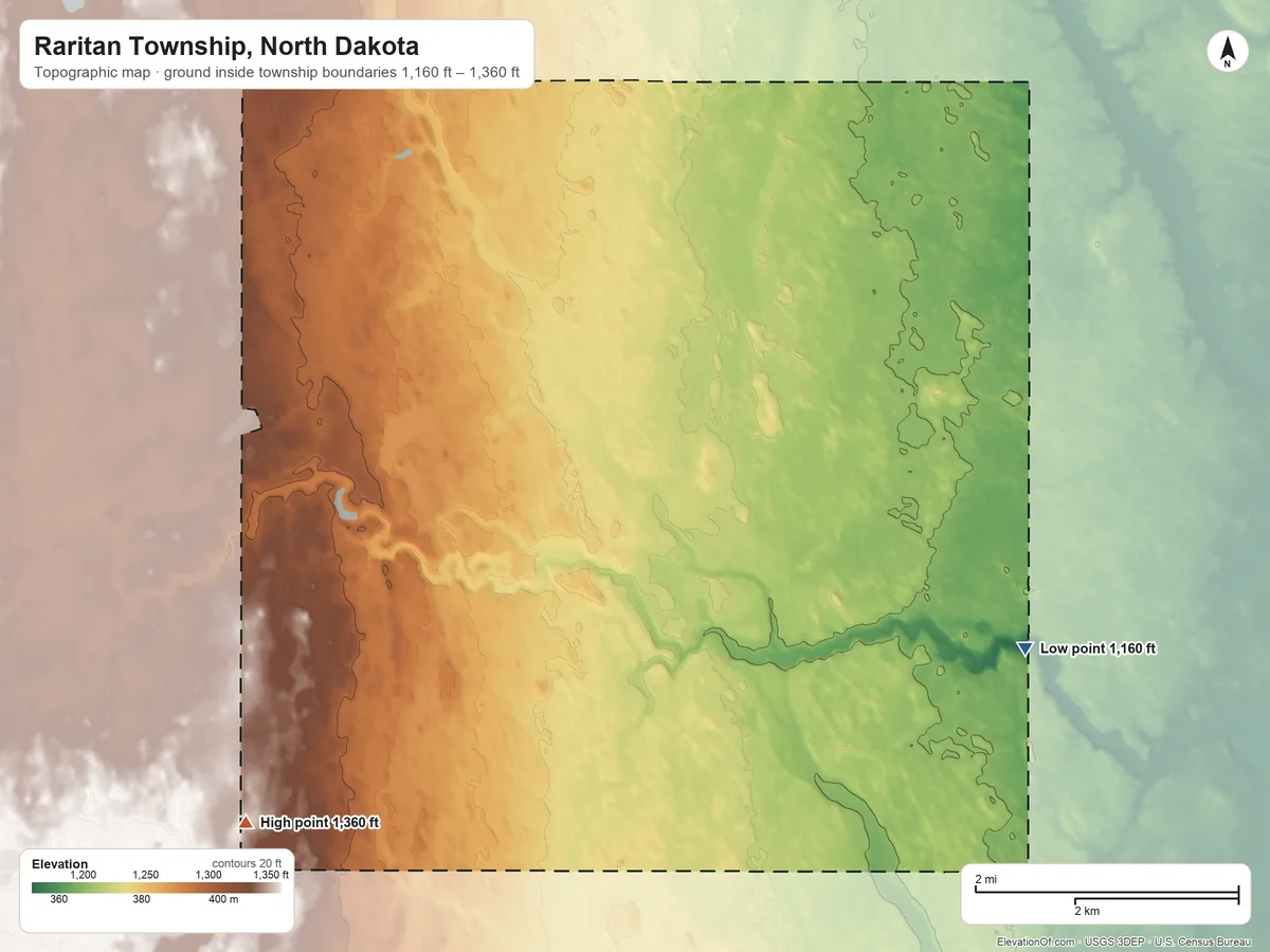 Topographic elevation map of Raritan Township, North Dakota, shaded from 1,160 ft on the southeast side to 1,360 ft on the southwest side