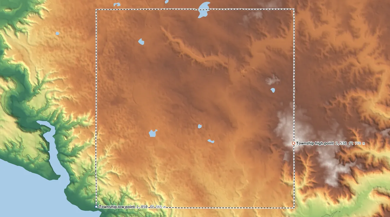 Topographic elevation map of Rat Lake Township, North Dakota, shaded from 1,850 ft on the southwest side to 2,530 ft on the east side