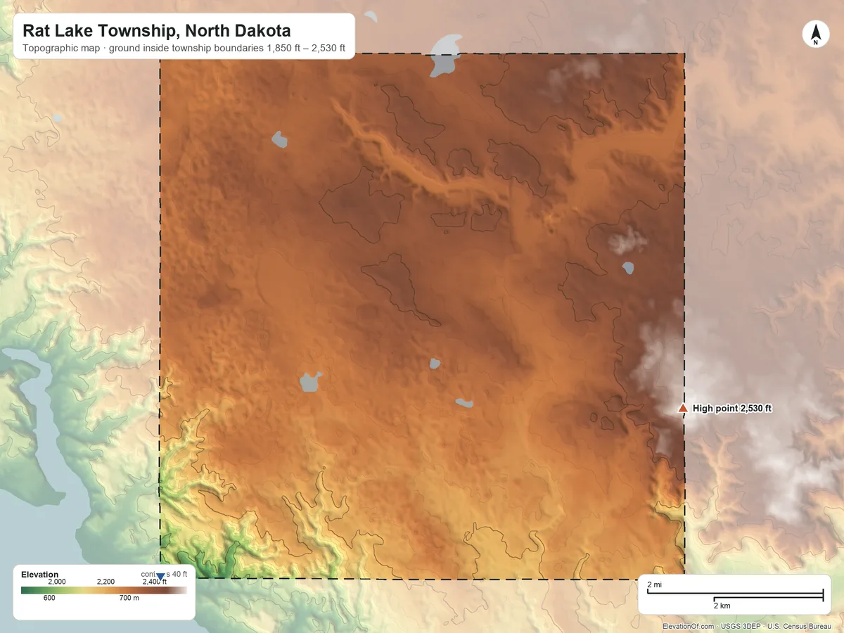 Topographic elevation map of Rat Lake Township, North Dakota, shaded from 1,850 ft on the southwest side to 2,530 ft on the east side