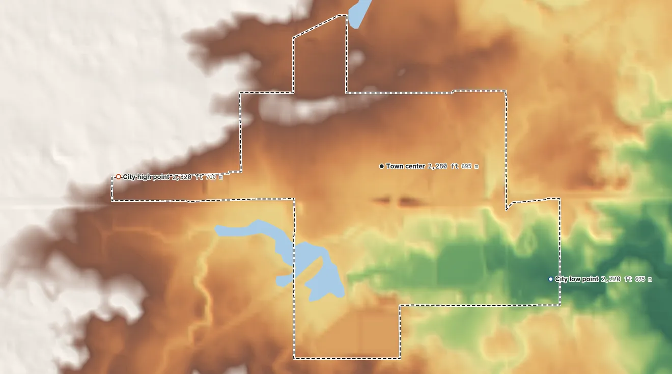Topographic elevation map of Ray, North Dakota, shaded from 2,220 ft on the southeast side to 2,320 ft on the west side