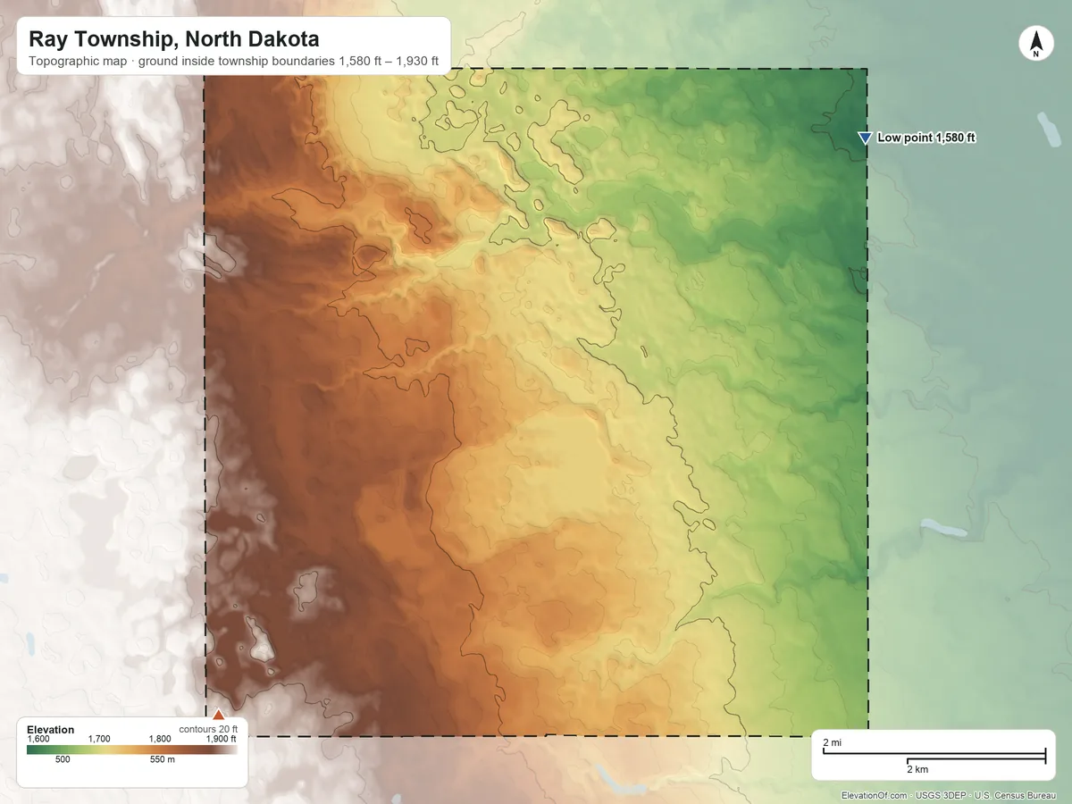 Topographic elevation map of Ray Township, North Dakota, shaded from 1,580 ft on the northeast side to 1,930 ft on the southwest side