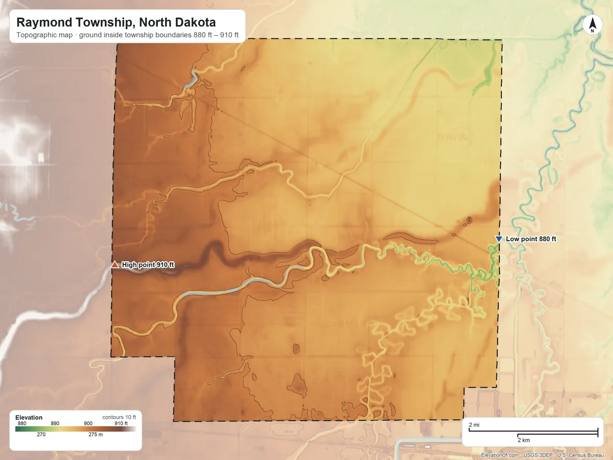 Topographic elevation map of Raymond Township, North Dakota, shaded from 880 ft on the east side to 910 ft on the west side