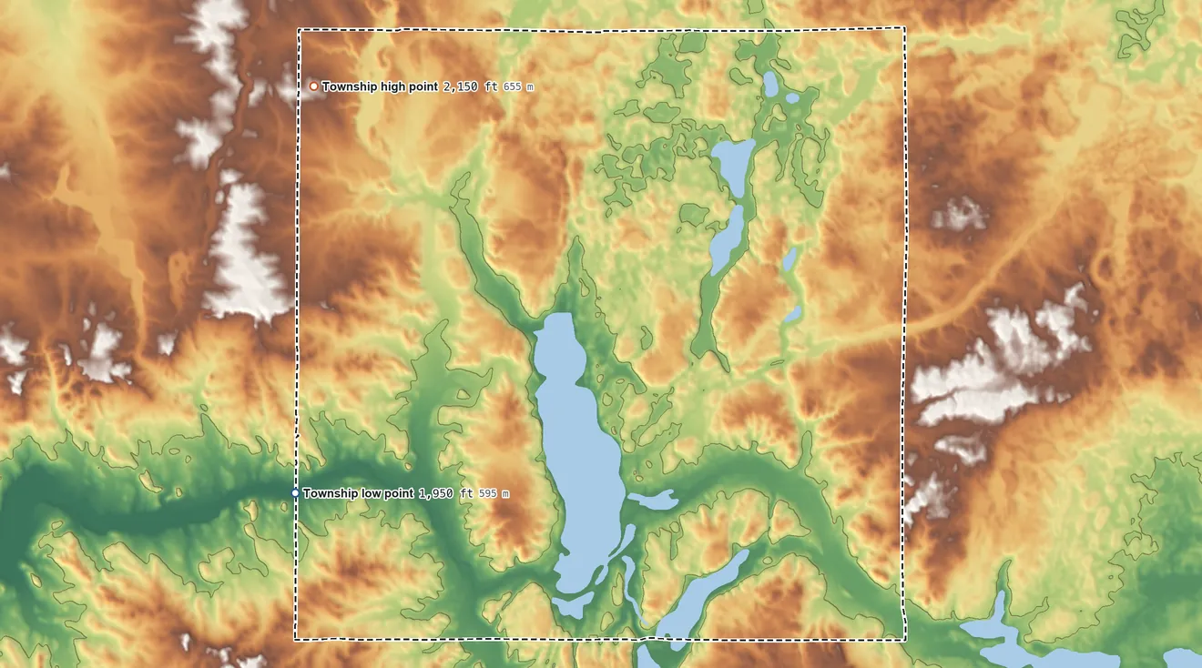Topographic elevation map of Red Lake Township, North Dakota, shaded from 1,950 ft on the west side to 2,150 ft on the northwest side