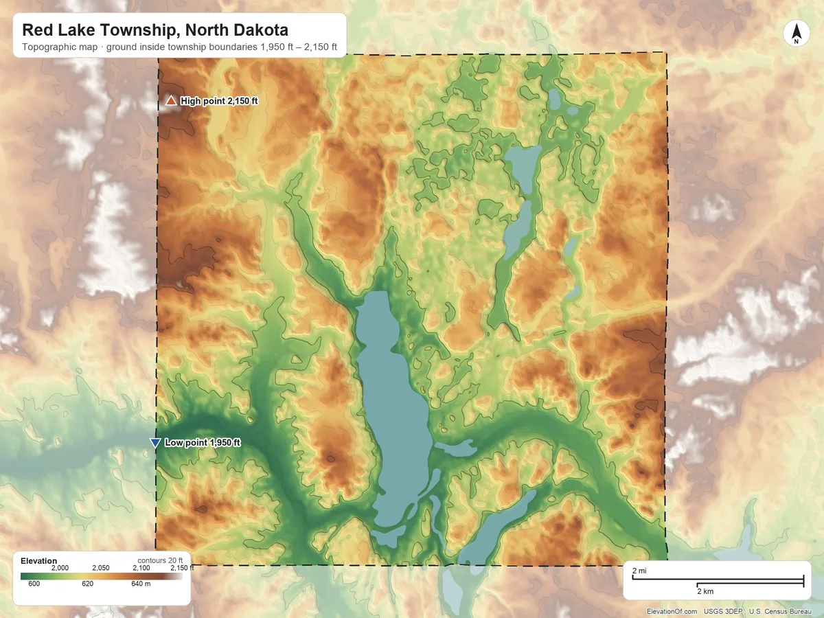 Topographic elevation map of Red Lake Township, North Dakota, shaded from 1,950 ft on the west side to 2,150 ft on the northwest side