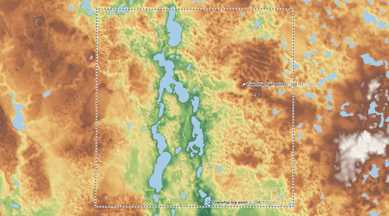 Topographic elevation map of Redmond Township, North Dakota, shaded from 2,140 ft on the southeast side to 2,360 ft on the east side