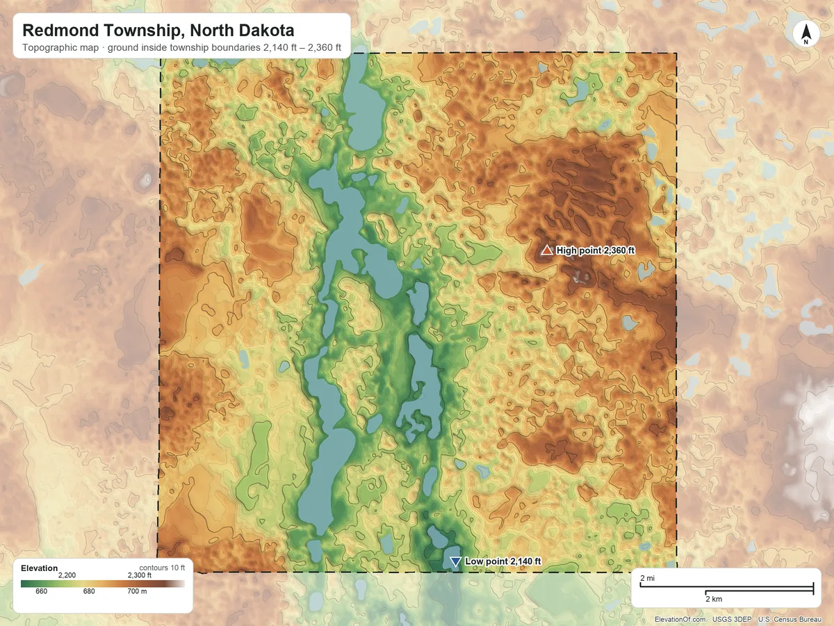 Topographic elevation map of Redmond Township, North Dakota, shaded from 2,140 ft on the southeast side to 2,360 ft on the east side