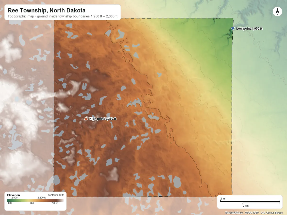 Topographic elevation map of Ree Township, North Dakota, shaded from 1,950 ft on the east side to 2,360 ft on the southwest side
