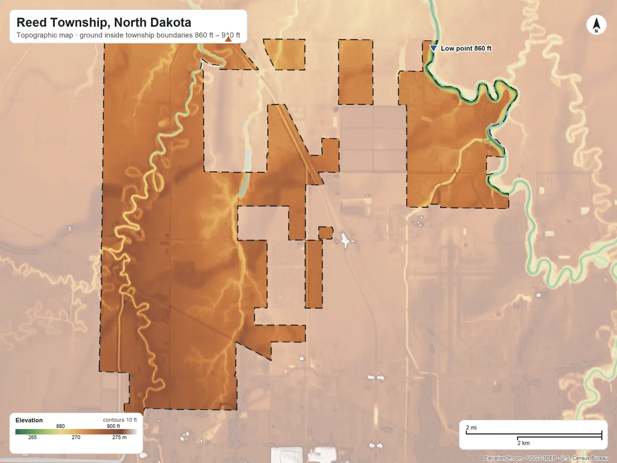 Topographic elevation map of Reed Township, North Dakota, shaded from 860 ft on the northeast side to 910 ft on the north side
