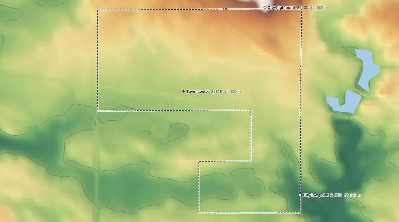 Topographic elevation map of Reeder, North Dakota, shaded from 2,780 ft on the southeast side to 2,900 ft on the northeast side