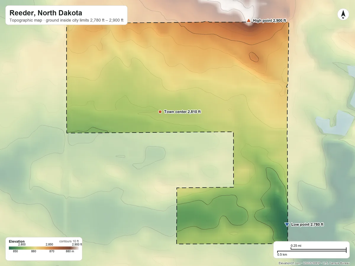 Topographic elevation map of Reeder, North Dakota, shaded from 2,780 ft on the southeast side to 2,900 ft on the northeast side