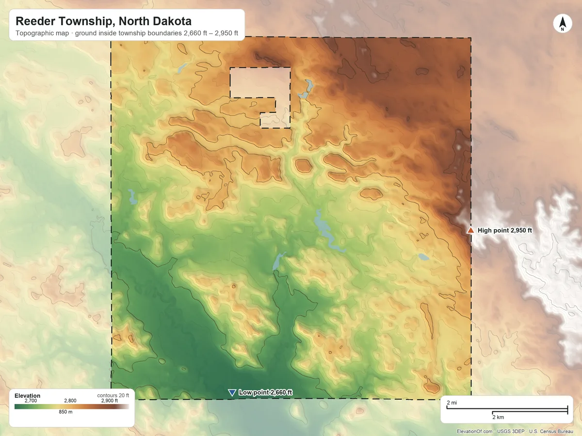 Topographic elevation map of Reeder Township, North Dakota, shaded from 2,660 ft on the south side to 2,950 ft on the east side
