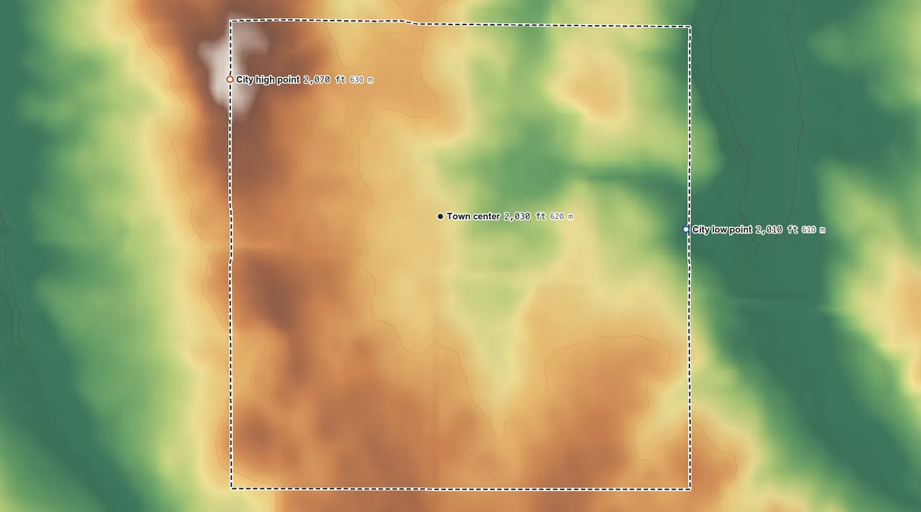 Topographic elevation map of Regan, North Dakota, shaded from 2,010 ft on the east side to 2,070 ft on the northwest side