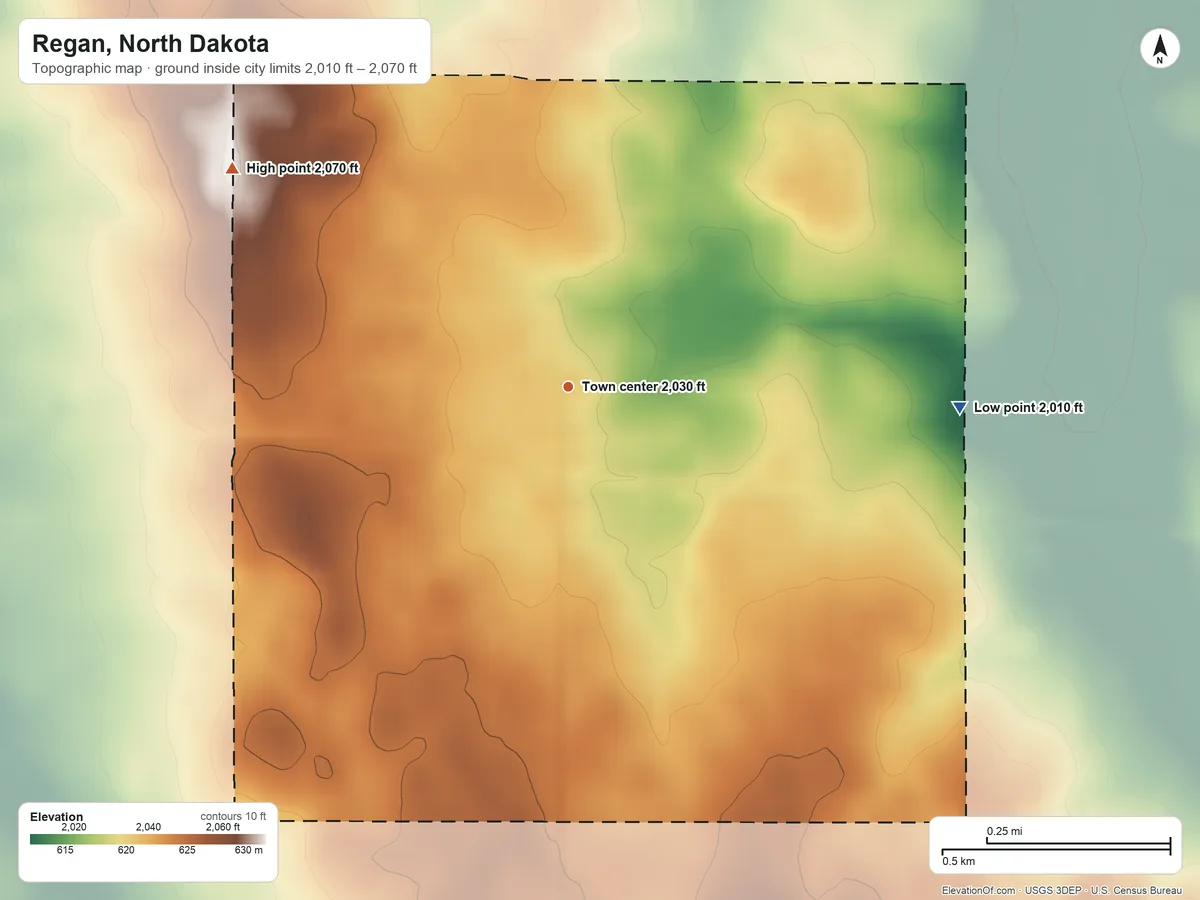 Topographic elevation map of Regan, North Dakota, shaded from 2,010 ft on the east side to 2,070 ft on the northwest side