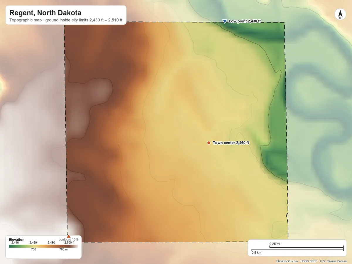 Topographic elevation map of Regent, North Dakota, shaded from 2,430 ft on the north side to 2,510 ft on the southwest side