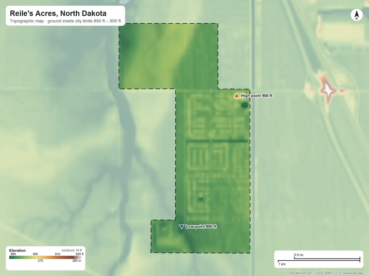 Topographic elevation map of Reile's Acres, North Dakota, shaded from 890 ft on the southwest side to 900 ft on the north side