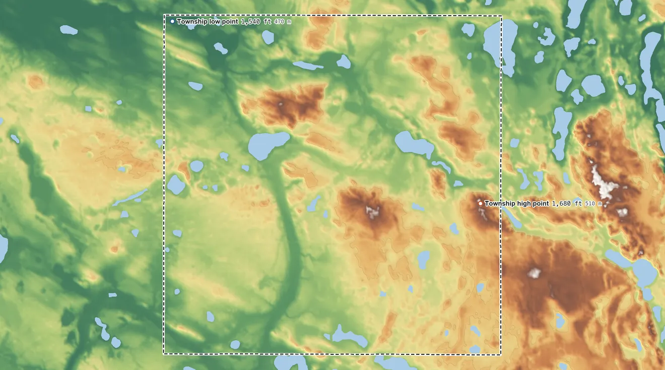 Topographic elevation map of Reno Valley Township, North Dakota, shaded from 1,540 ft on the northwest side to 1,680 ft on the east side