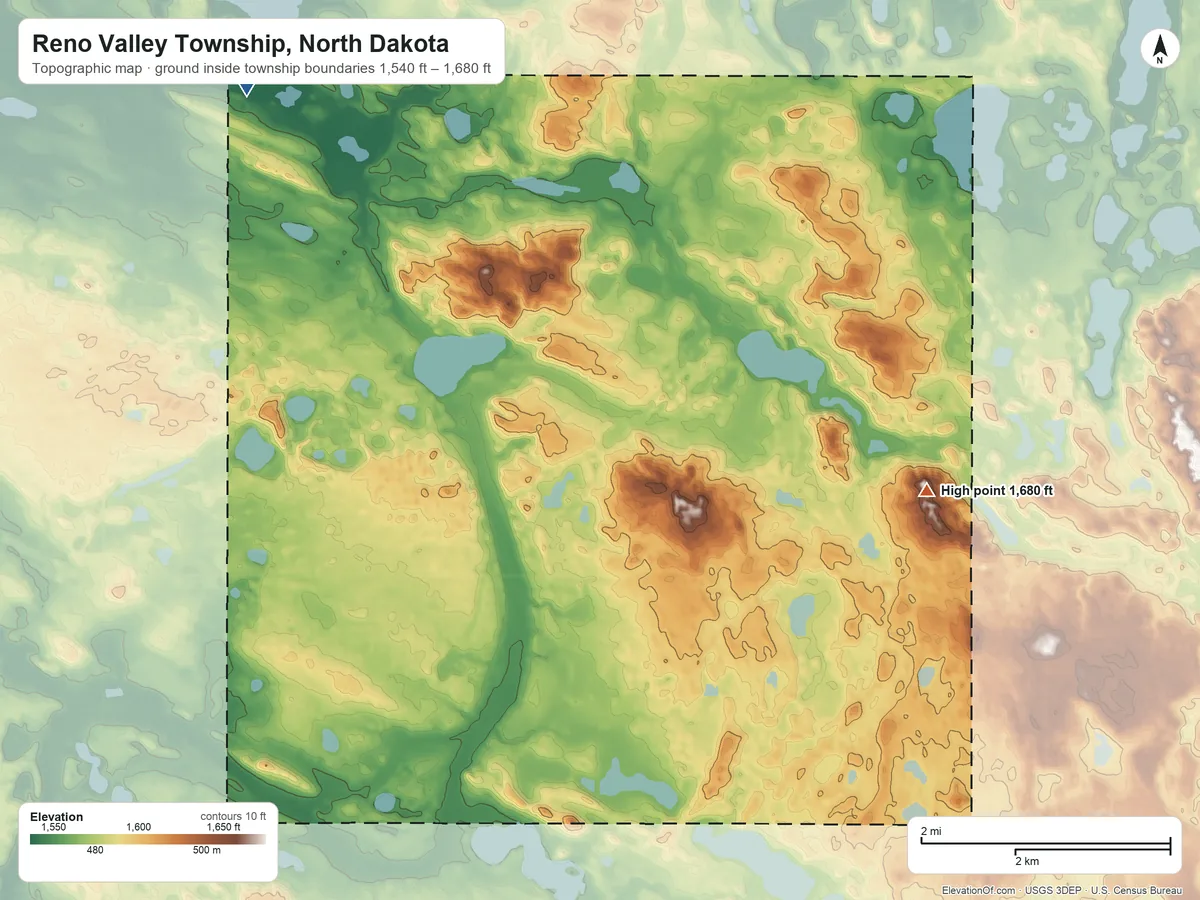 Topographic elevation map of Reno Valley Township, North Dakota, shaded from 1,540 ft on the northwest side to 1,680 ft on the east side