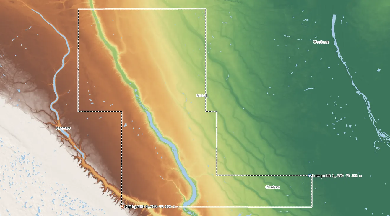 Topographic elevation map of Renville County, North Dakota, shaded from 1,490 ft on the southeast side to 2,010 ft on the southwest side