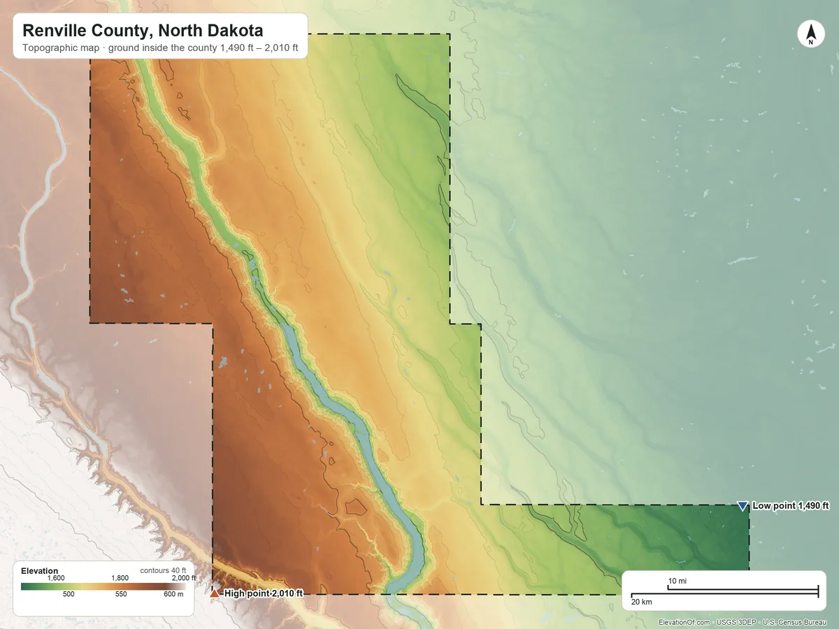 Topographic elevation map of Renville County, North Dakota, shaded from 1,490 ft on the southeast side to 2,010 ft on the southwest side
