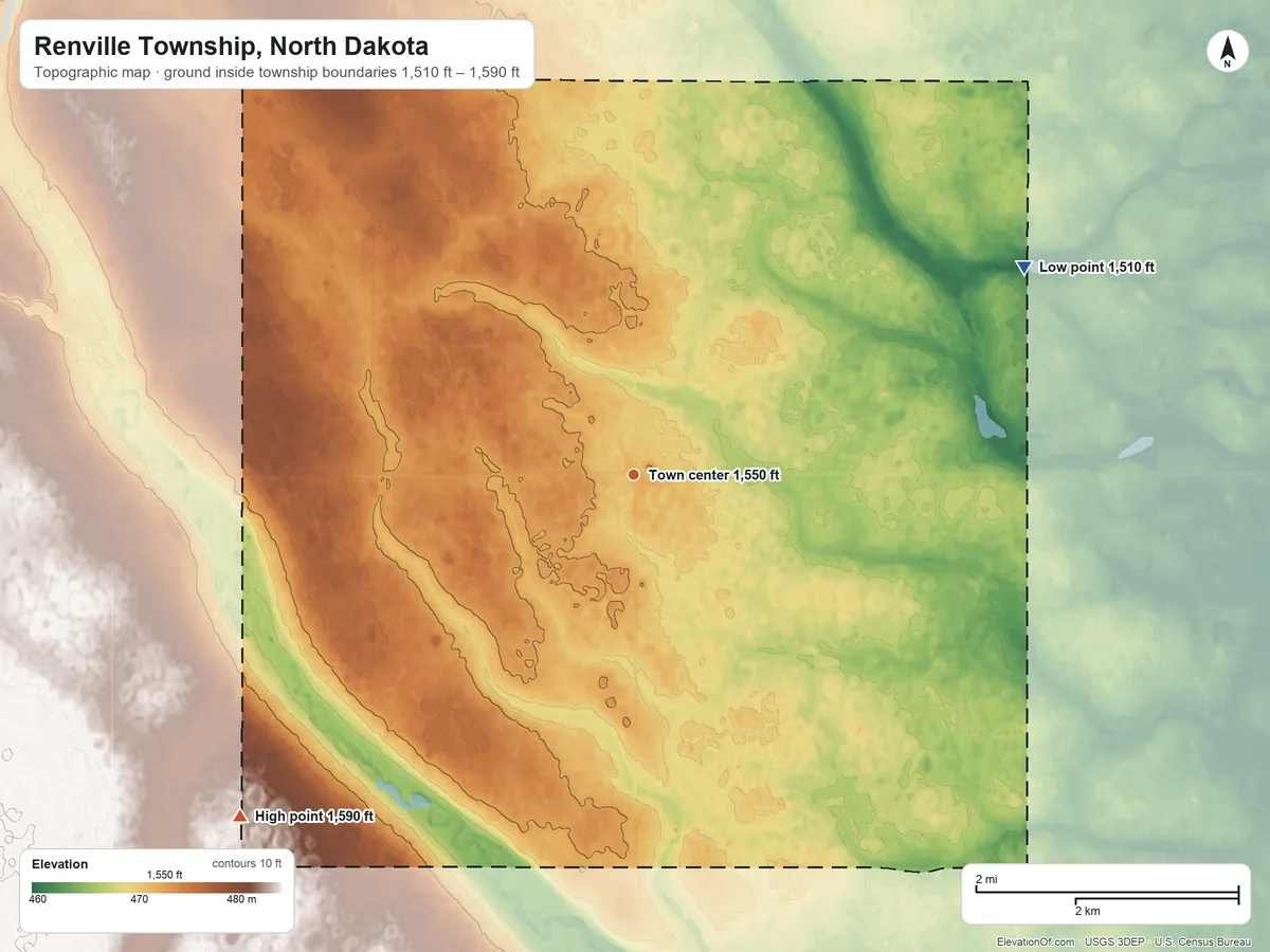 Topographic elevation map of Renville Township, North Dakota, shaded from 1,510 ft on the northeast side to 1,590 ft on the southwest side