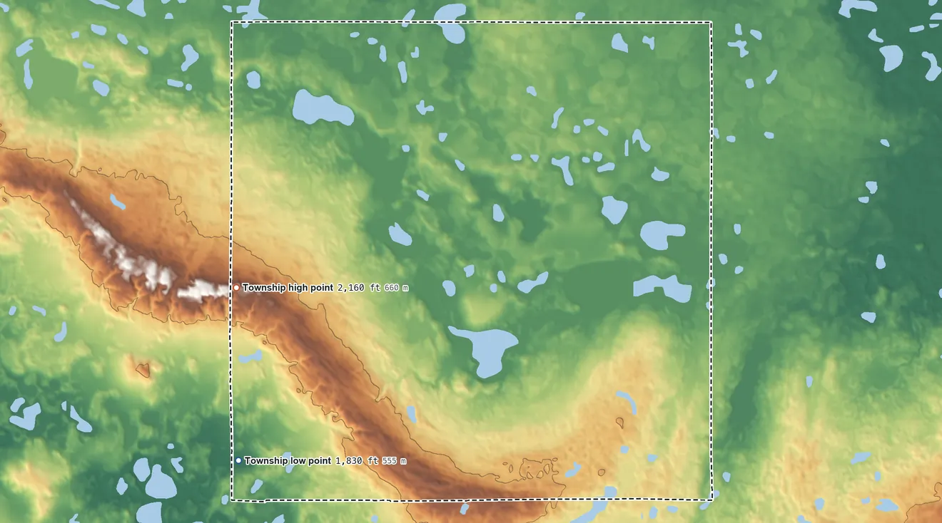 Topographic elevation map of Rexine Township, North Dakota, shaded from 1,830 ft on the southwest side to 2,160 ft on the southwest side