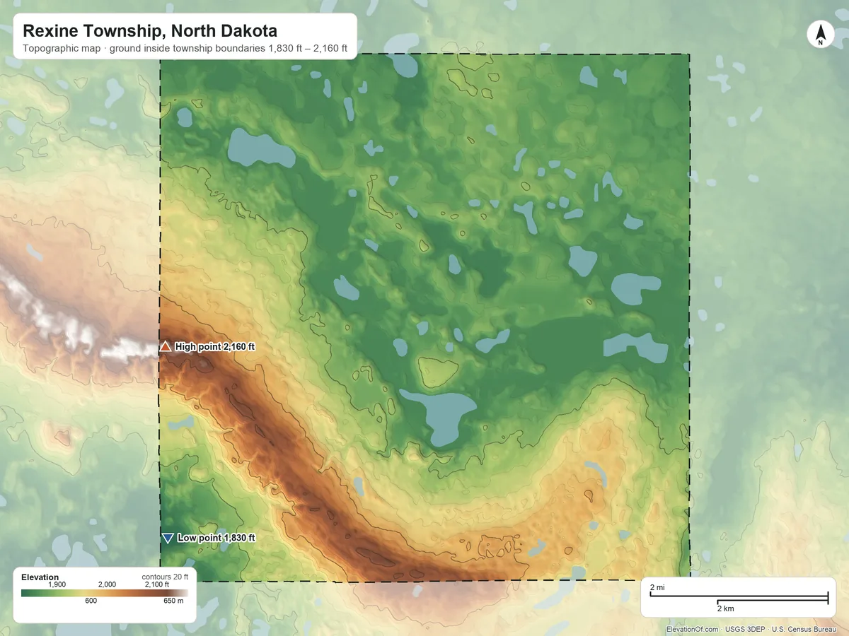 Topographic elevation map of Rexine Township, North Dakota, shaded from 1,830 ft on the southwest side to 2,160 ft on the southwest side