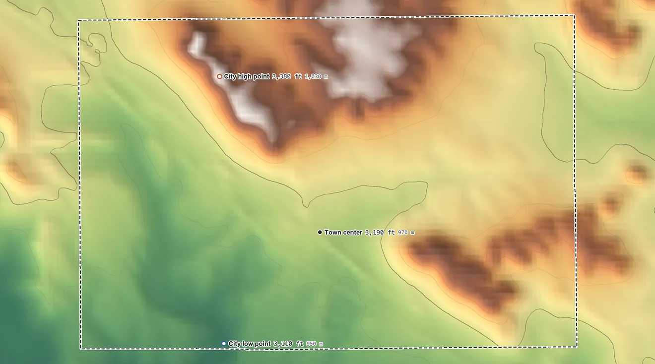Topographic elevation map of Rhame, North Dakota, shaded from 3,110 ft on the southwest side to 3,380 ft on the northwest side