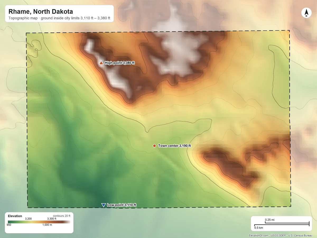 Topographic elevation map of Rhame, North Dakota, shaded from 3,110 ft on the southwest side to 3,380 ft on the northwest side