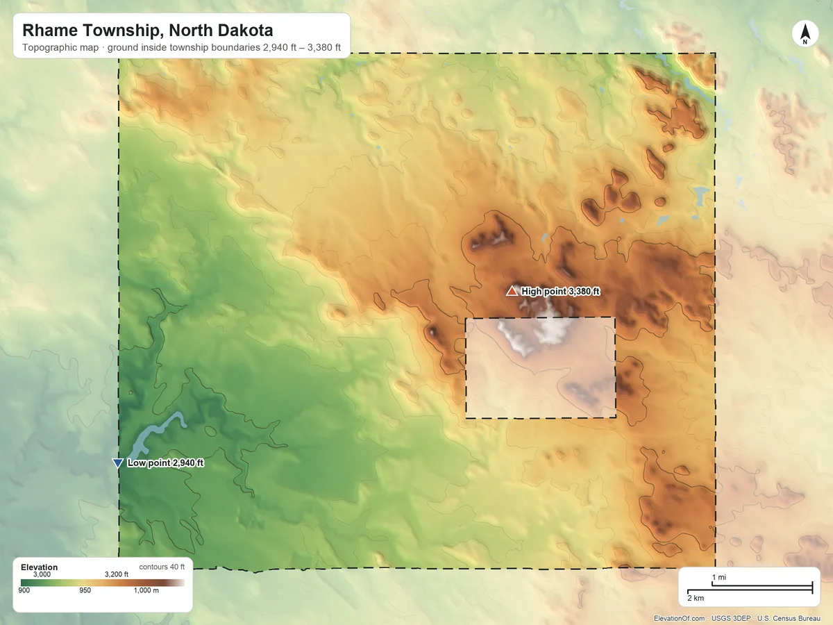 Topographic elevation map of Rhame Township, North Dakota, shaded from 2,940 ft on the southwest side to 3,380 ft on the southeast side