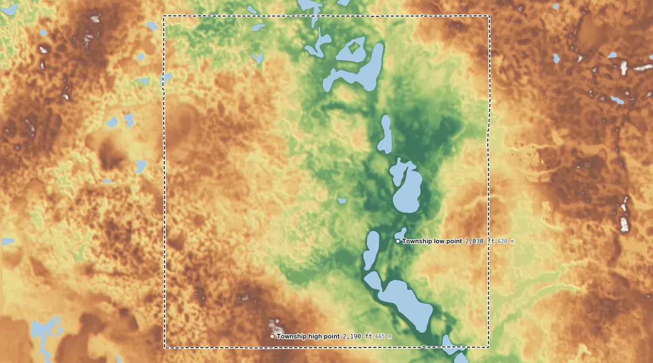 Topographic elevation map of Rice Lake Township, North Dakota, shaded from 2,030 ft on the south side to 2,190 ft on the south side