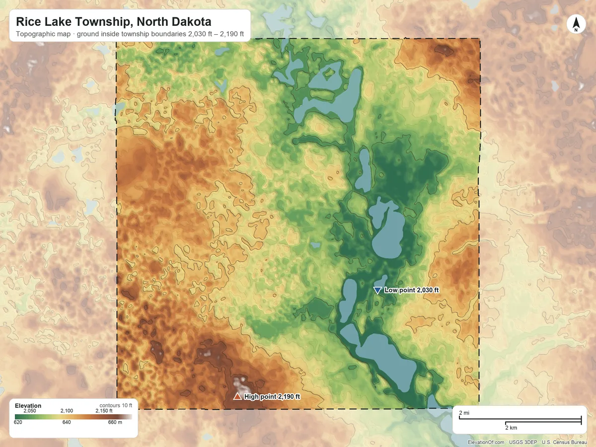 Topographic elevation map of Rice Lake Township, North Dakota, shaded from 2,030 ft on the south side to 2,190 ft on the south side