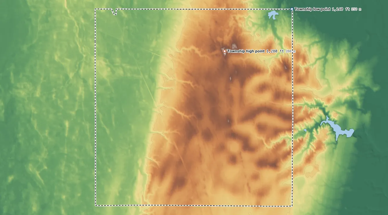 Topographic elevation map of Rich Township, North Dakota, shaded from 1,140 ft on the northeast side to 1,280 ft on the northeast side